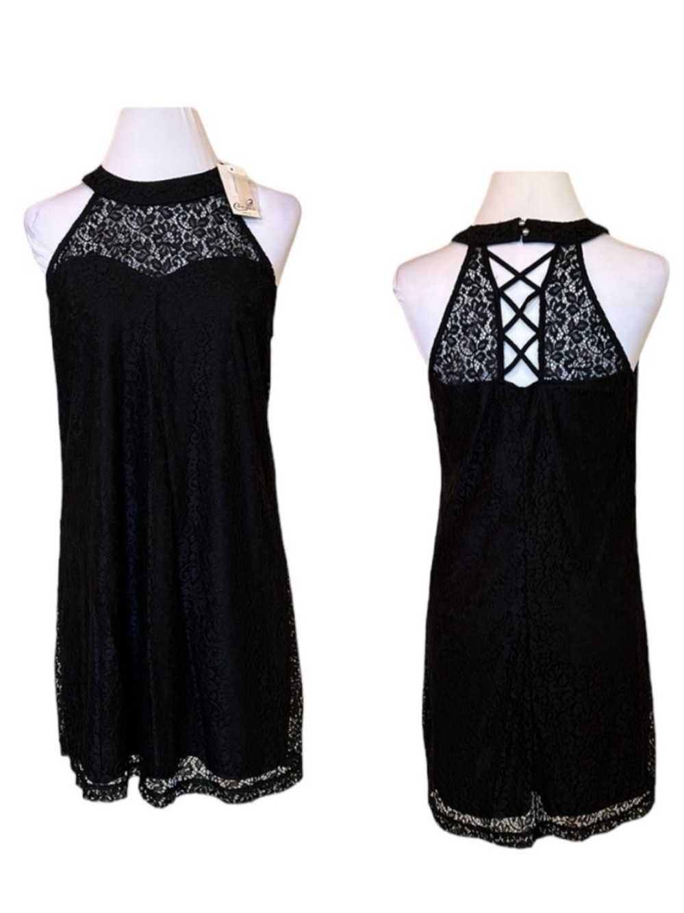 NWT Black dress mini lace lined sleeveless halter neck strappy back Sz M